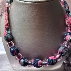 Floral Fabric Necklace with Pink Beads